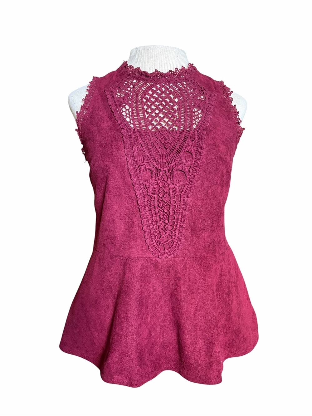 Boho Crochet Lace Faux Suede Peplum Tank Top Wine Sleeveless Boutique Blouse